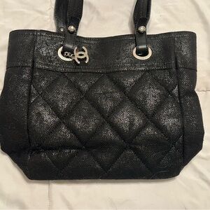 Chanel Paris Biarritz Tote PM Black Coated Canvas Leather Bag